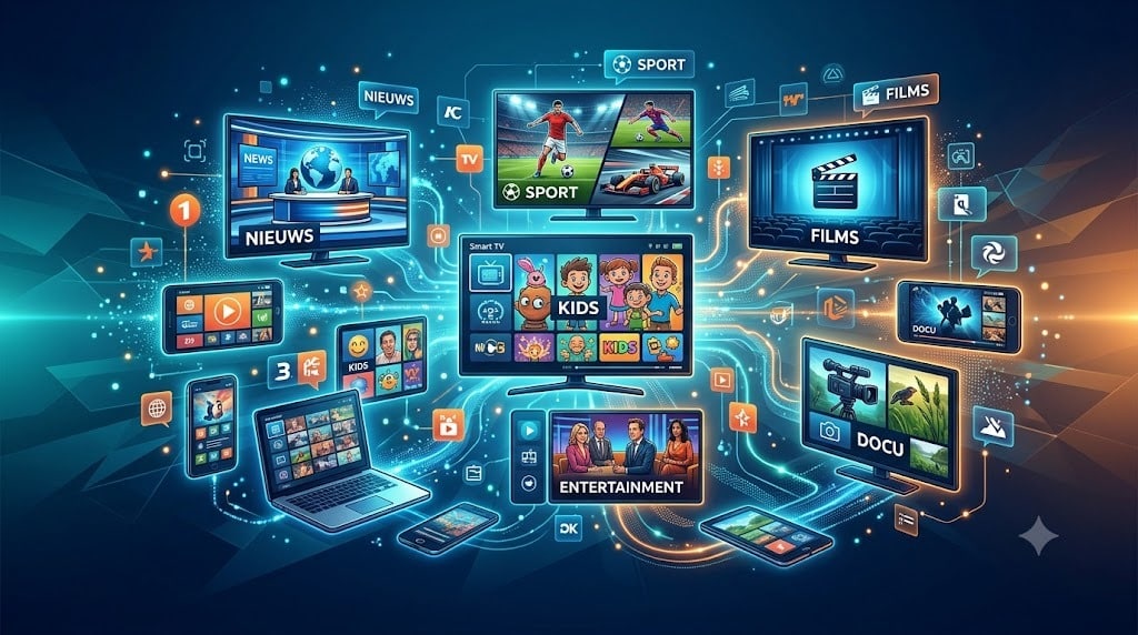 Een visueel overzicht van de categorieën voor dutch iptv zenders, inclusief sport, films en entertainment op Flash IPTV.
