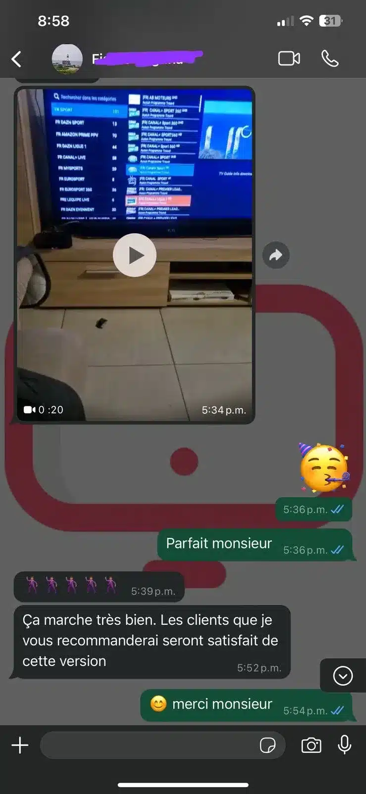 Screenshots van positieve WhatsApp klantbeoordelingen over de iptv nederland service van Flash IPTV.