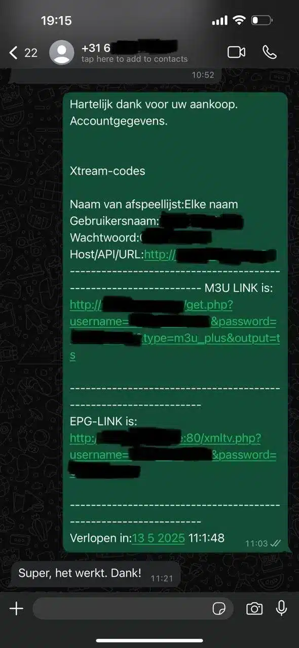 Screenshots van positieve WhatsApp klantbeoordelingen over de iptv nederland service van Flash IPTV.