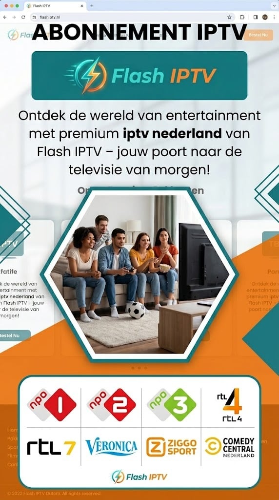 Een promotionele banner van Flash IPTV met Nederlandse zenders zoals NPO, RTL en Ziggo Sport, gericht op iptv nederland.